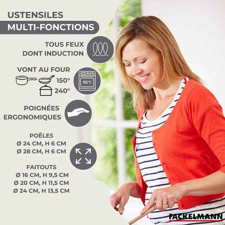Set 2 poêles 24 28 cm, 3 faitouts 16, 20 et 24 cm en inox et 6 ustensiles inox Fackelmann Geneva