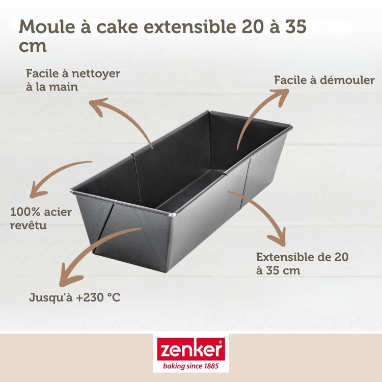 Lot avec 1 moule à cake de 20 à 35 cm, 1 spatule Zenker et 2 bols à mixer en inox Fackelmann