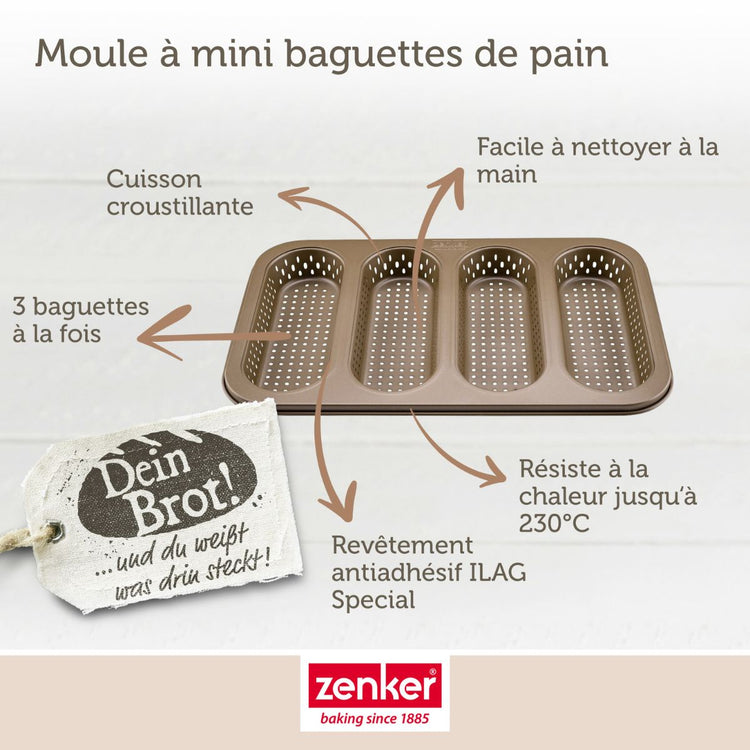 Lot comprenant 1 moule 4 mini baguettes, 1 spatule Zenker et 2 bols à mixer en inox Fackelmann