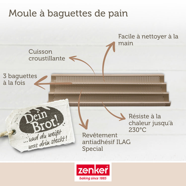 Set pâtisserie avec moule perforé 3 baguettes 38,5 x 24,6 cm en acier, 2 bols à mixer, verre mesureur et spatule Zenker