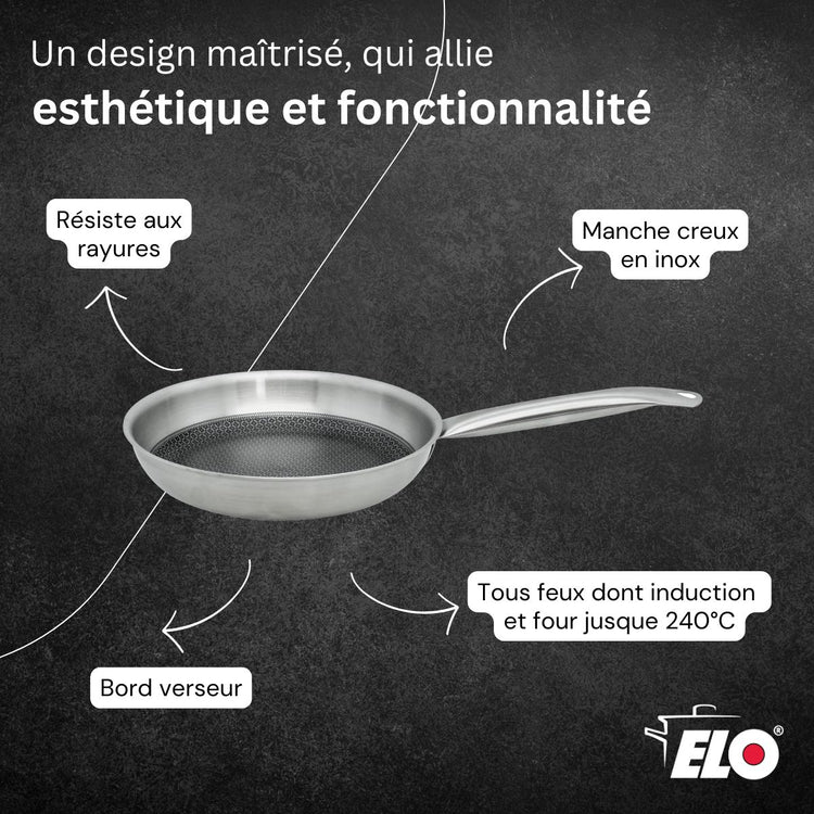 Batterie de cuisine avec 2 poêles de cuisson 24/32 cm et 1 faitout 12 cm en acier inoxydable sans PFAS Elo Collection Relief Solution Brillant