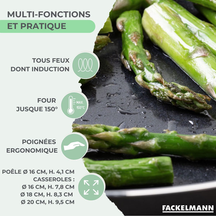 Ensemble de 1 poêle de 16 cm et 3 casseroles 16, 18 et 20 cm Fackelmann Brandao