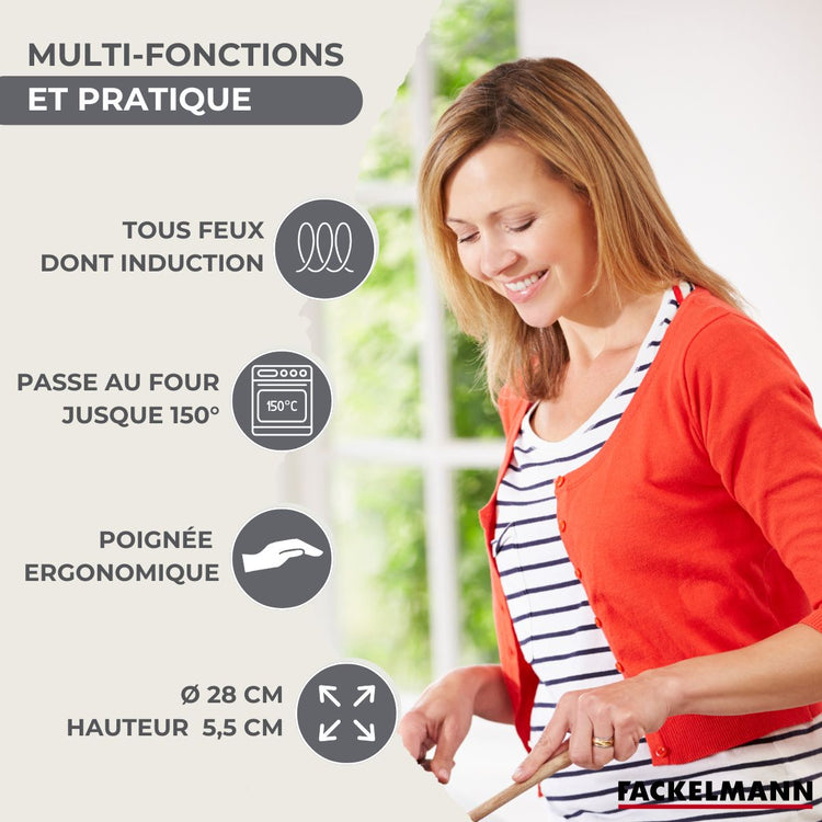 Set poêle 28 cm en inox, couvercle verre et 6 ustensiles Fackelmann Geneva