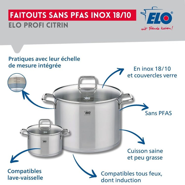 Set de 2 Poêles de cuisson 24 et 28 cm et 2 faitouts 14 et 26 cm Elo Profi Citrin