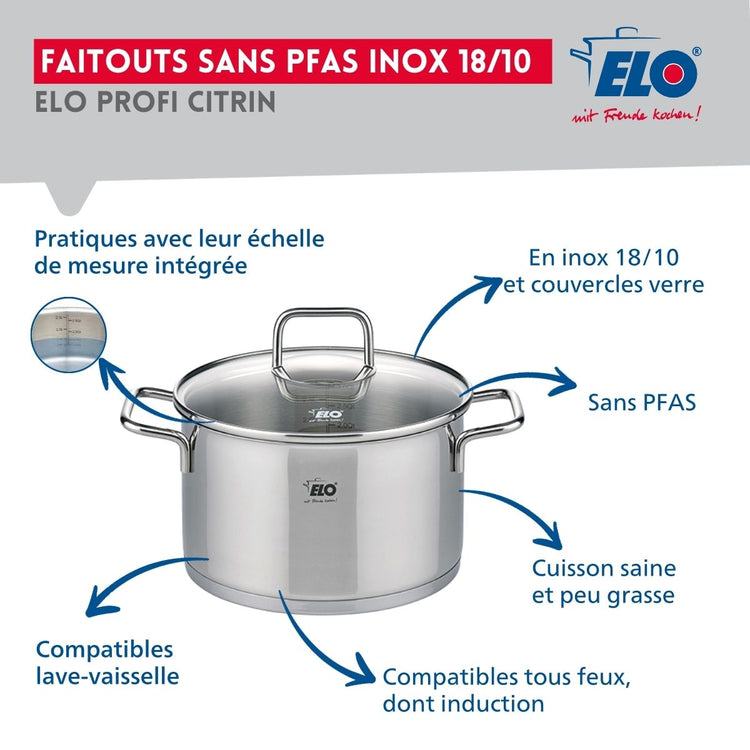 Ensemble de 2 Poêles de cuisson 28 et 32 cm et 1 faitout 14 cm Elo Profi Citrin