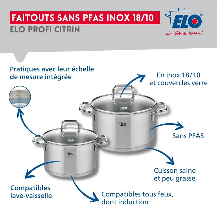 Ensemble de 1 Poêle de cuisson 28 cm et 2 faitouts 14 et 16 cm Elo Profi Citrin