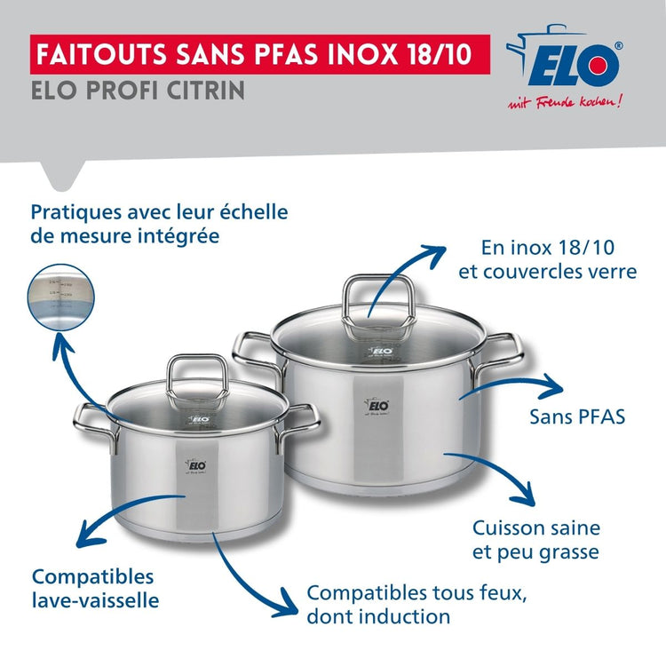 Ensemble de 1 Poêle de cuisson 28 cm et 2 faitouts 16 et 20 cm Elo Profi Citrin
