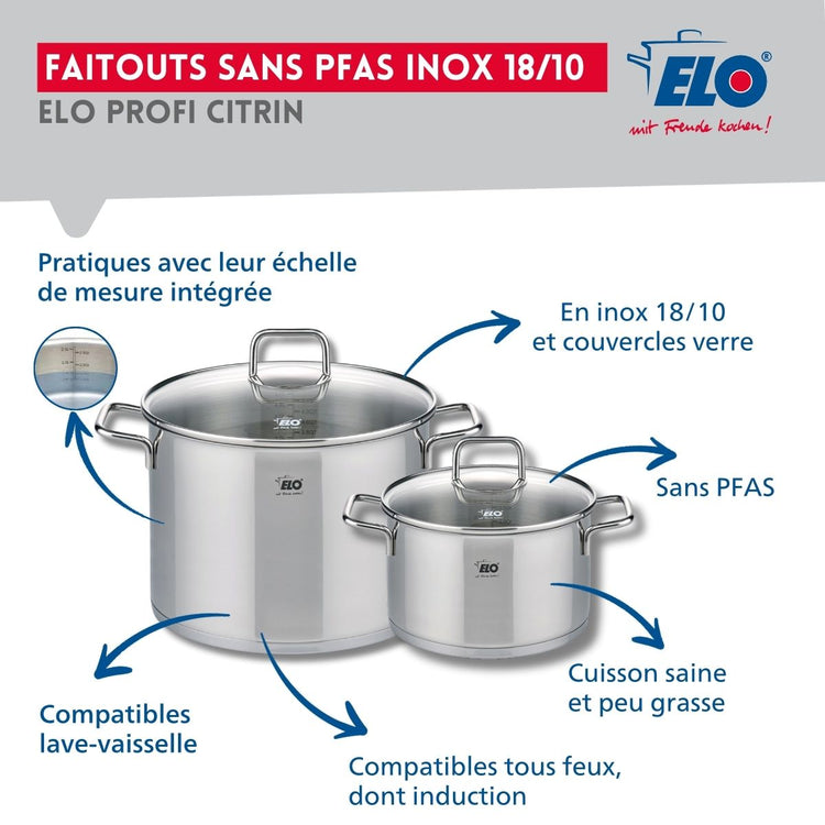 Ensemble de 1 Poêle de cuisson 28 cm et 2 faitouts 20 et 26 cm Elo Profi Citrin