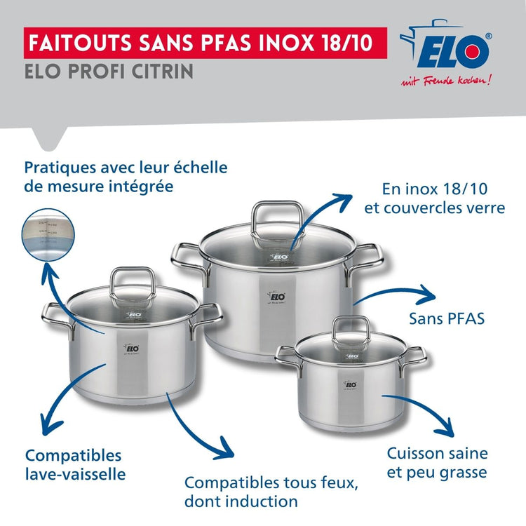 Ensemble de 1 Poêle de cuisson 28 cm et 3 faitouts 12, 14 et 16 cm Elo Profi Citrin