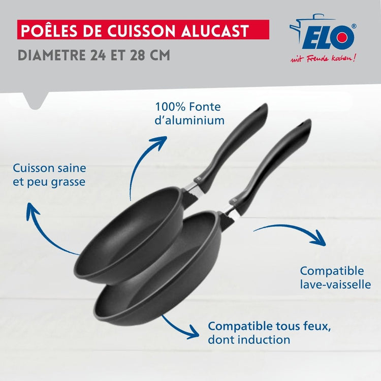 Lot de 2 poêles à frire en fonte d'aluminium 24 cm et 28 cm Elo Alucast