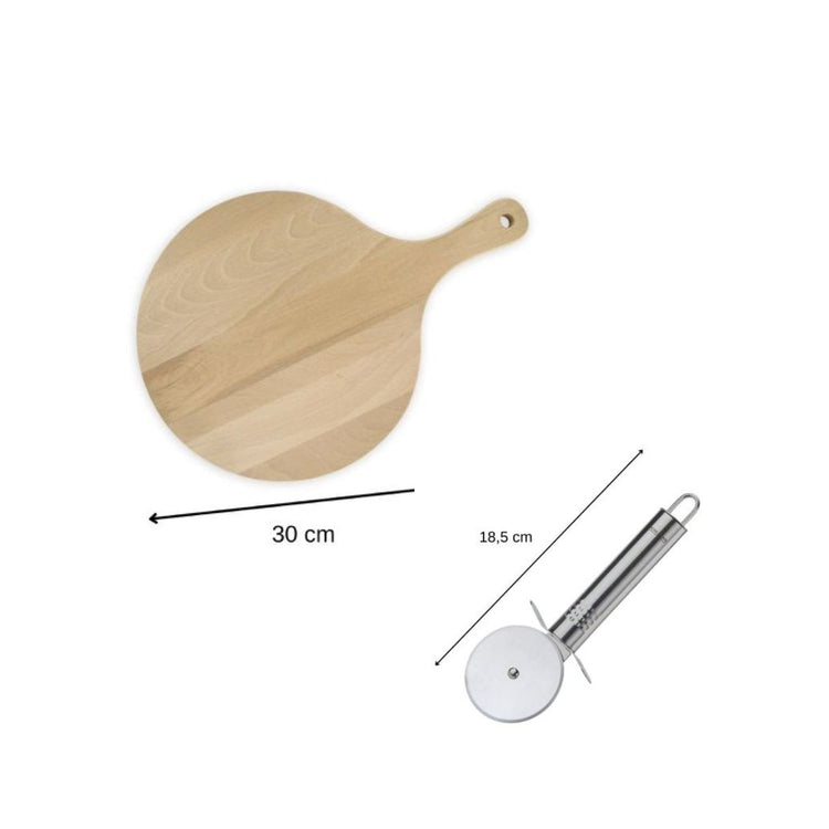 4 Planches à pizza et tarte flambée en bois 30 cm et Roulette à pizza en inox Fackelmann