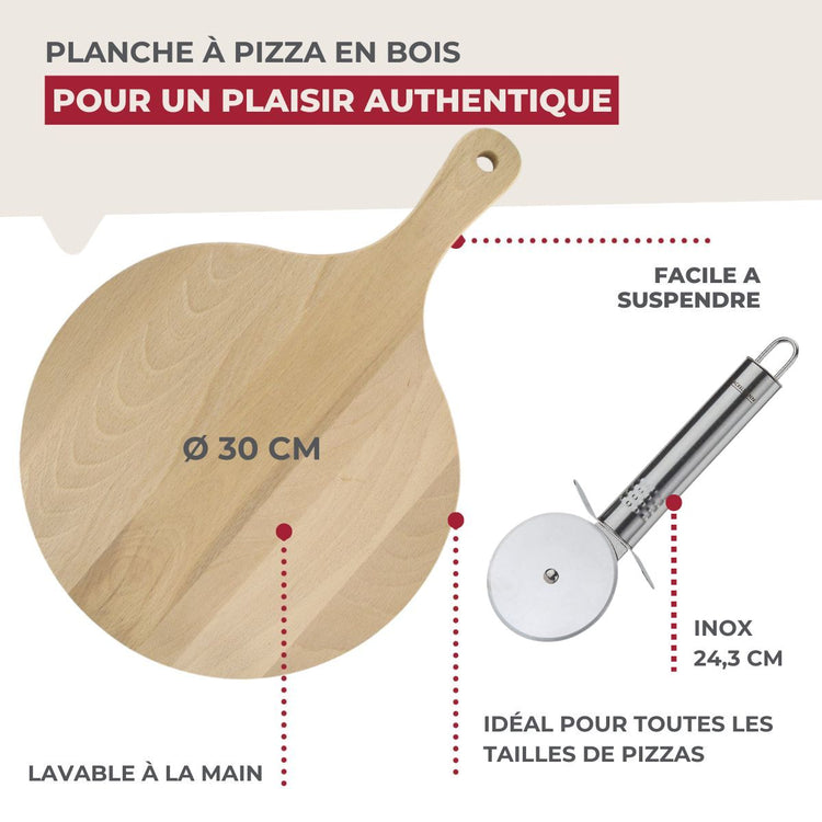 2 planches à pizza 30 cm en bois et roulette Fackelmann Boissellerie