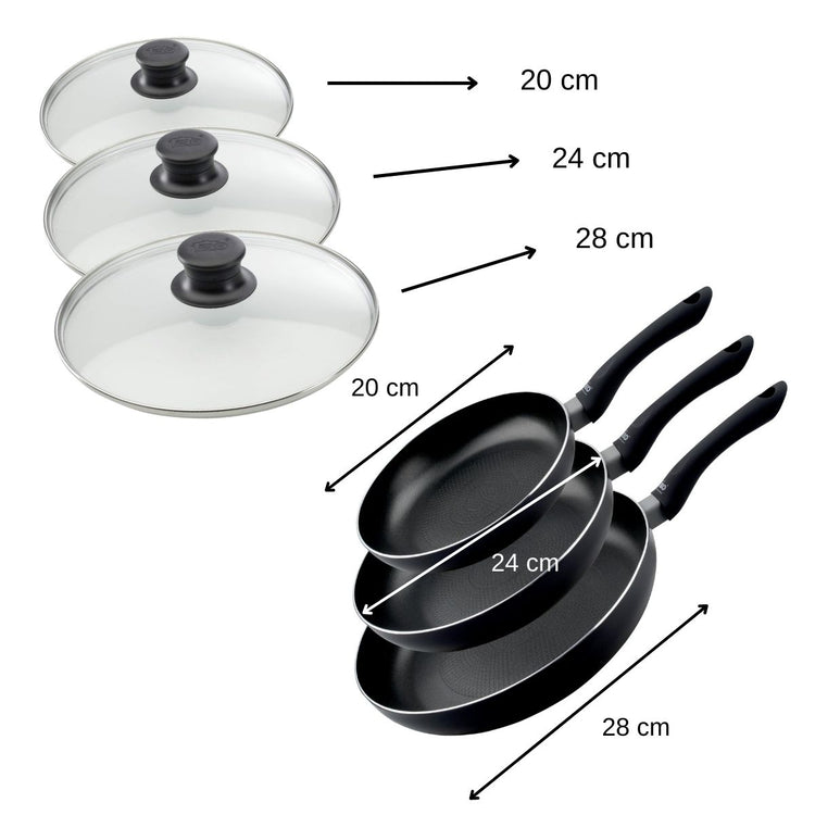 Ensemble de 3 poêles à frire et 3 couvercles en verre 20 cm 24 cm et 28 cm Elo Smart Life