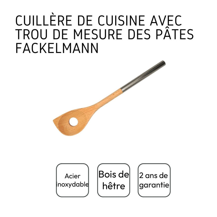 Ensemble de 2 Cuillères en bois biseautée avec un trou manche inox 34 cm Fackelmann Boissellerie