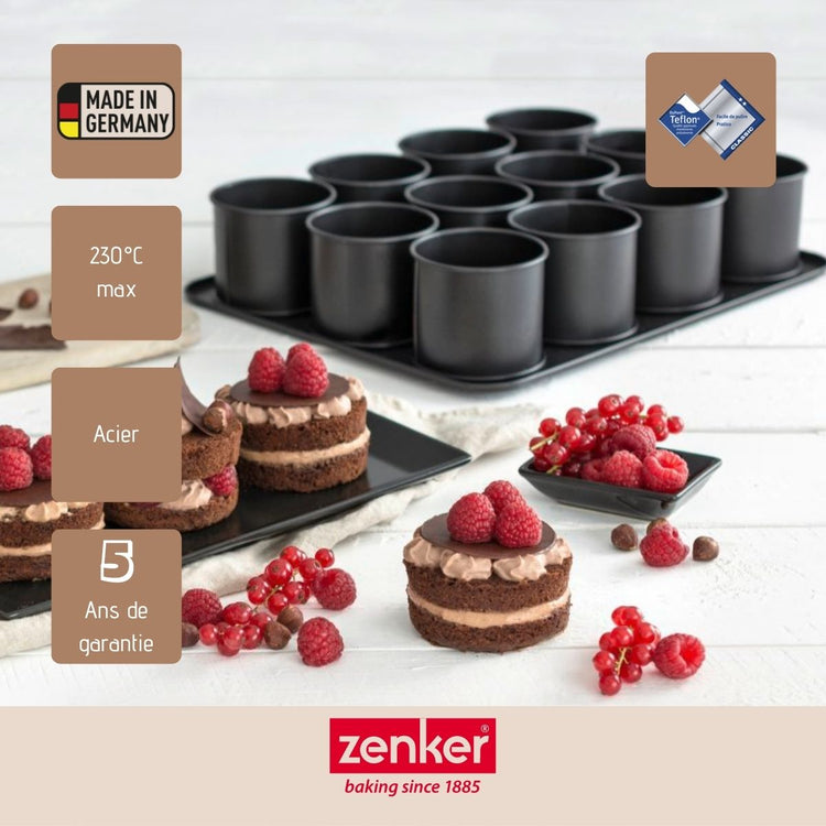 Ensemble de 2 Plaques pâtisserie 12 mini Moules ronds amovibles 38 x 30 cm Zenker Black Metallic