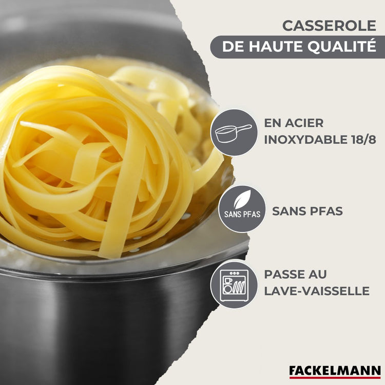 Batterie de cuisine avec 3 casseroles 12/16/20 cm et 3 faitouts 16/20/24 cm avec 6 ustensiles de cuisine sans PFAS Fackelmann Généva Brillant Oxford