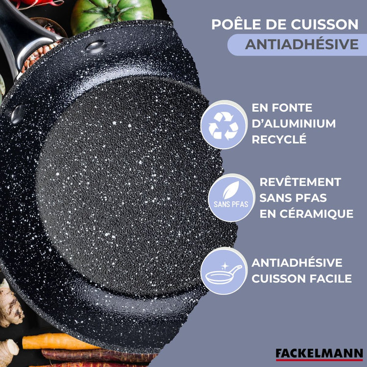 Set poêle 20 cm fonte alu revêtement antiadhésif céramique sans PFAS et 6 ustensiles inox Fackelmann Crossroad
