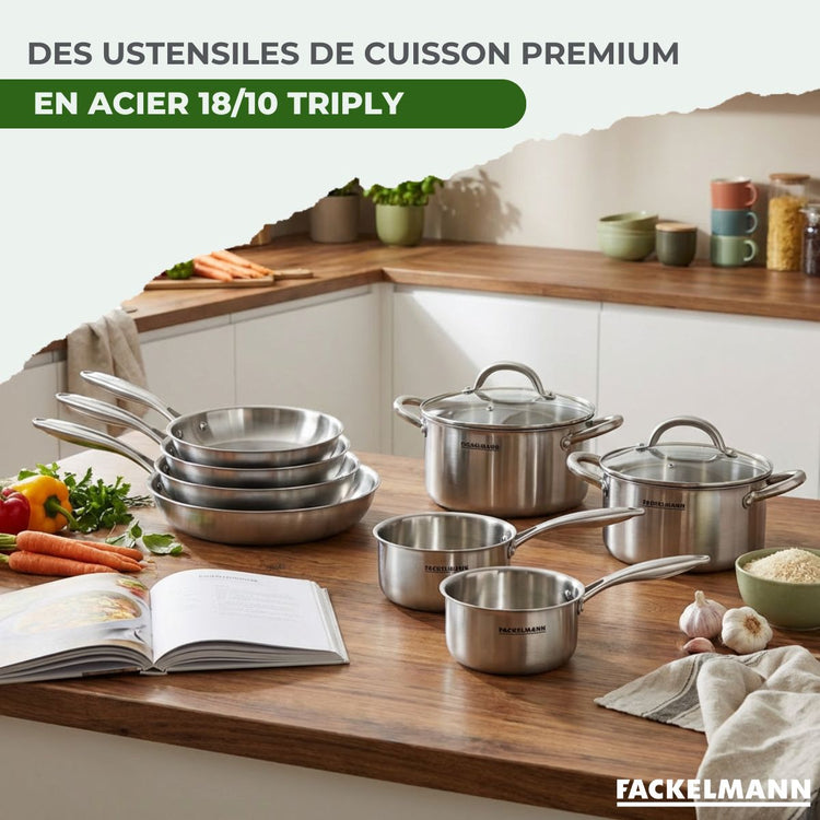 Batterie de cuisine 2 poêles 24/28 cm et couvercles 2 casseroles 14/18 cm 1 faitout 20 cm Fackelmann Vita3