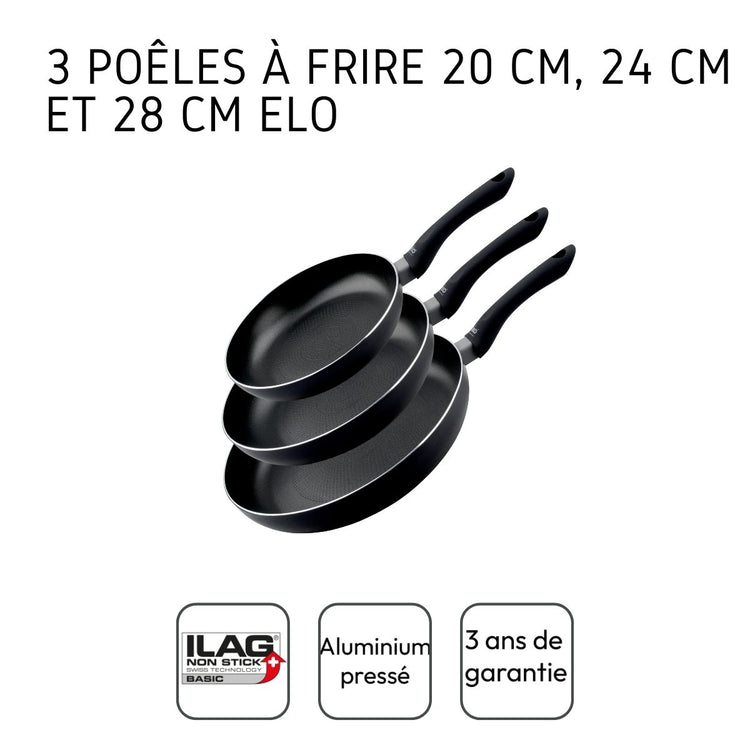 Set de 3 poêles à frire 20 cm 24 cm et 28 cm fond en nid d'abeille et doseur d'huile Elo Smart Life