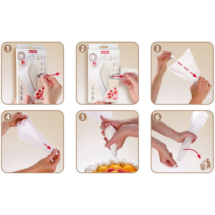 Lot de 20 poches à douille jetables et 3 embouts plastique réutilisables Zenker