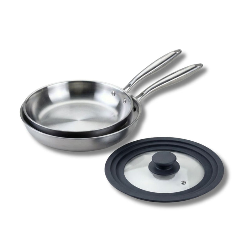 Set de 2 poêles de cuisson 26/28 cm en inox avec 1 couvercle de cuisson universel Fackelmann Vita3