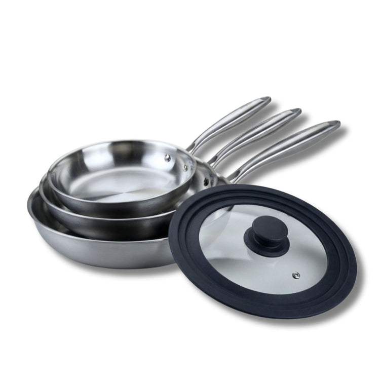 Set de 3 poêles de cuisson 24/26/28 cm en acier inoxydable avec 1 couvercle de cuisson universel Fackelmann Vita3