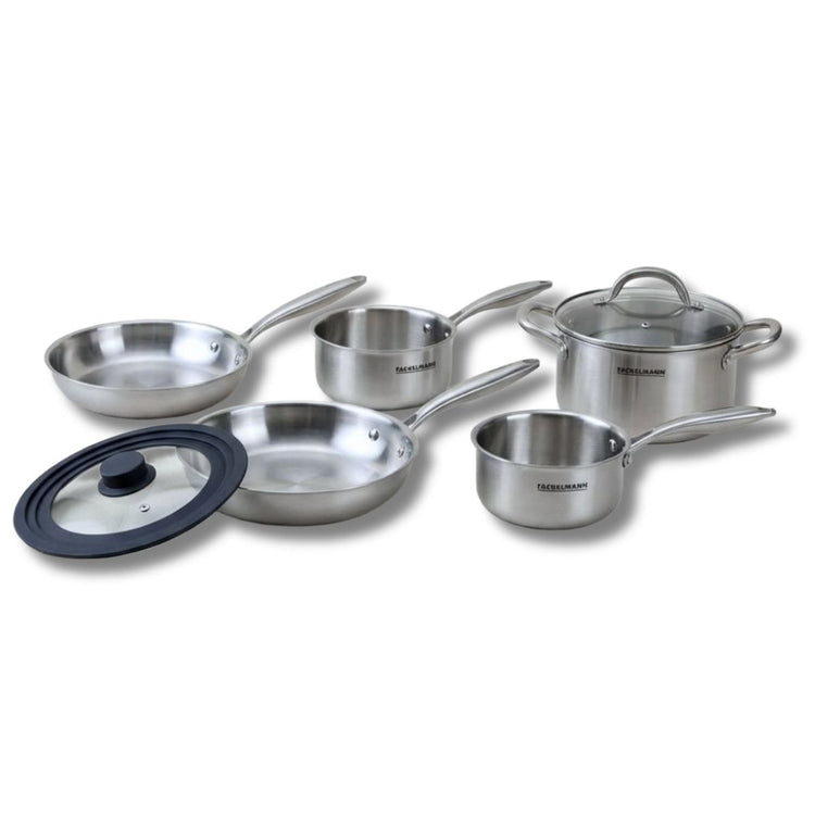 Batterie de cuisine avec 2 casseroles 16/18 cm et 1 faitout 20 cm avec 2 poêles 24/26 cm et 1 ustensiles de cuisine Fackelmann Vita3