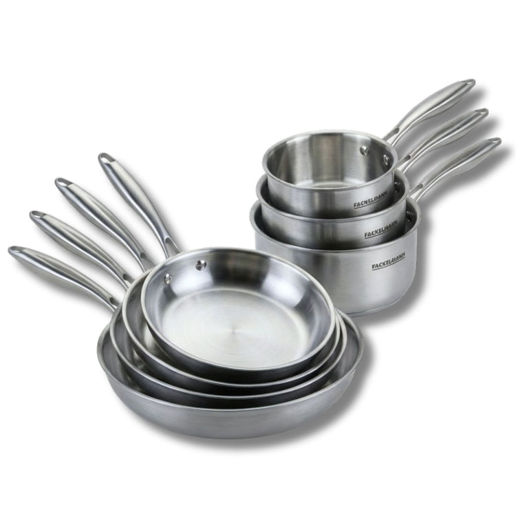 Batterie de cuisine avec 4 poêles 20/24/26/28 cm et 3 casseroles 14/16/18 cm en inox sans PFAS Fackelmann Vita3