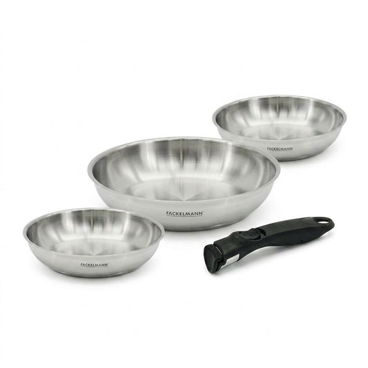 Lot de 3 poêles en inox 20 24 et 28 cm avec manche amovible Fackelmann InoGrip