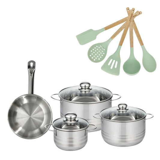Batterie de cuisine avec 3 faitouts 16/20/24 cm et 1 poêle 20 cm avec 5 ustensiles de cuisine sans PFAS Fackelmann Etherna Brillant Fenix Océan