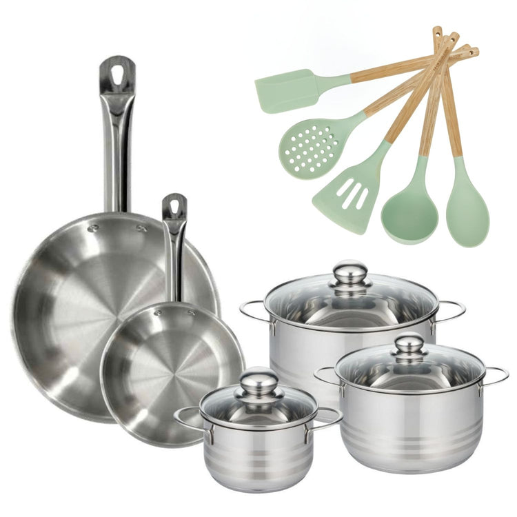 Batterie de cuisine avec 3 faitouts 16/20/24 cm et 2 poêles 20/28 cm et 5 ustensiles de cuisine sans PFAS Fackelmann Etherna Brillant Fenix Océan