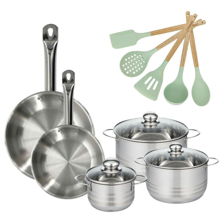 Batterie de cuisine avec 3 faitouts 16/20/24 cm et 2 poêles 24/28 cm avec 5 ustensiles de cuisine Fackelmann Etherna Brillant Fenix Océan