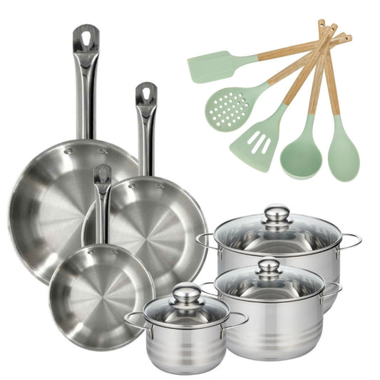 Lot de 3 Poêles 20/24/28cm et 3 Faitouts 16/20/24cm Fackelmann Etherna avec 5 ustensiles