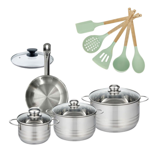 Batterie de cuisine avec 3 faitouts 16/20/24 cm et 1 poêle 20 cm avec 6 ustensiles de cuisine Fackelmann Etherna Brillant Fenix Océan avec couvercles