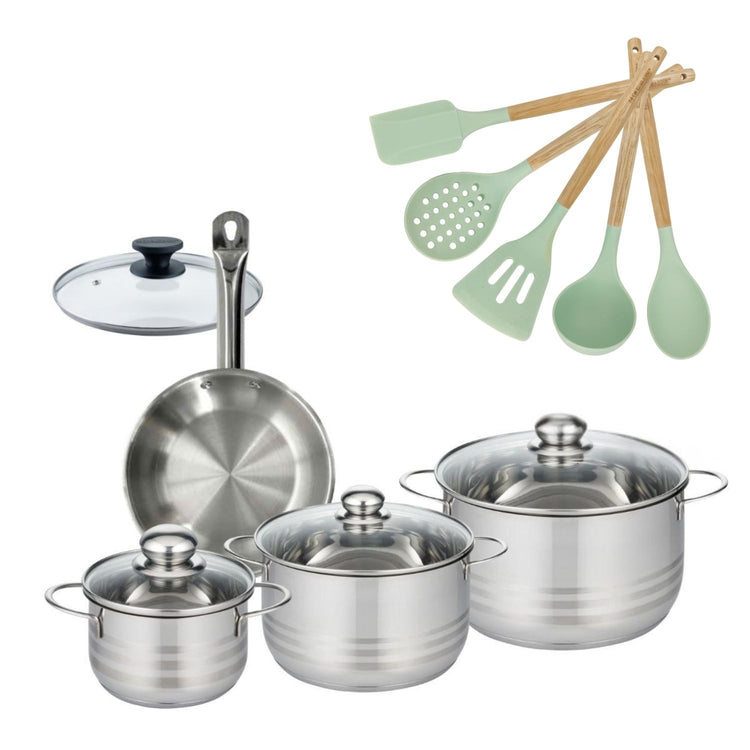 Lot 3 Faitouts 16/20/24cm et Poêle 20cm Fackelmann Etherna avec 6 ustensiles