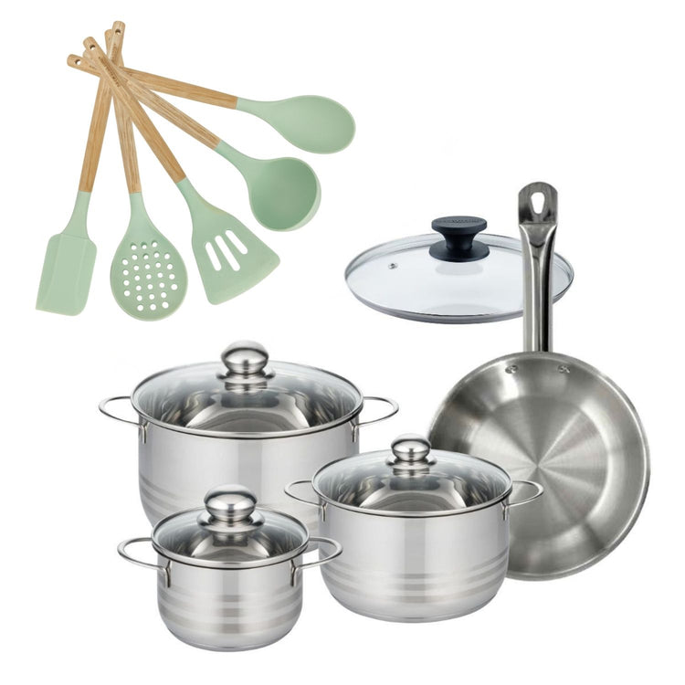 Lot Poêle 24cm et 3 Faitouts 16/20/24cm Fackelmann Etherna avec 5 ustensiles