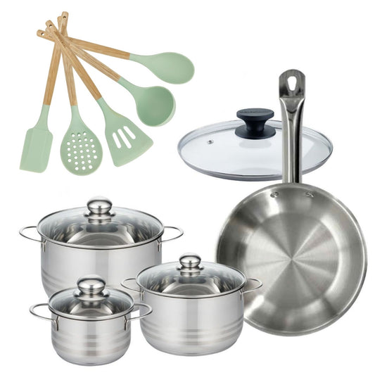 Lot 1 Poêle 28cm et de 3 Faitouts 16/20/24cm Fackelmann Etherna avec 5 ustensiles