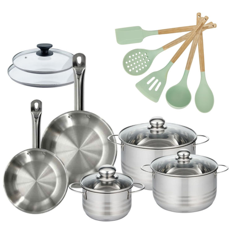 Lot 3 Faitouts 16/20/24cm et 2 Poêles 20/24cm Fackelmann Etherna avec 5 ustensiles