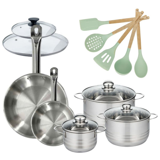 Batterie de cuisine Etherna avec 3 faitouts et 2 poêles 7 ustensiles acier inoxydable Fackelmann Etherna Brillant Fenix Océan avec couvercles