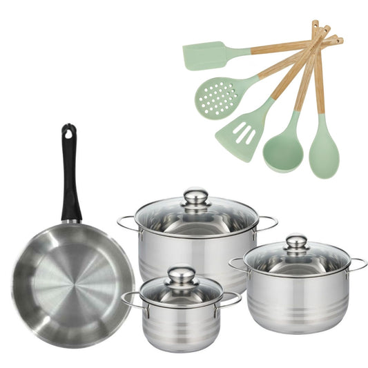 Lot Poêle 24cm et 3 Faitouts 16/20/24cm Fackelmann Généva avec 5 ustensiles