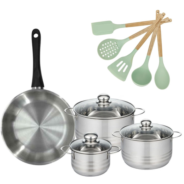 Lot Poêle 28 cm Fackelmann Généva et 3 Faitouts en acier inoxydable 16/20/24 cm et 5 ustensiles