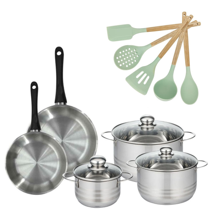 Batterie de cuisine avec 3 faitouts 16/20/24 cm et 2 poêles 20/24 cm avec 5 ustensiles de cuisine Fackelmann Généva Brillant Ocean