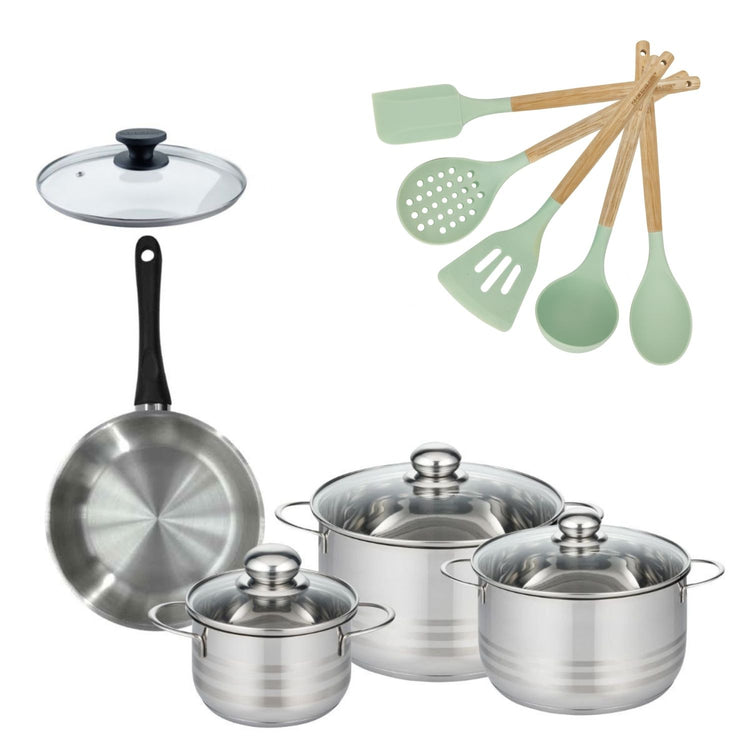 Batterie de cuisine avec 3 faitouts 16/20/24 cm et 1 poêle 20 cm avec 6 ustensiles de cuisine Fackelmann Généva Brillant Ocean avec couvercles