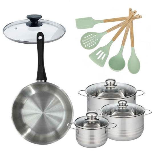 Batterie de cuisine avec 3 faitouts 16/20/24 cm et 1 poêle 28 cm avec 6 ustensiles de cuisine Fackelmann Généva Brillant Ocean avec couvercles