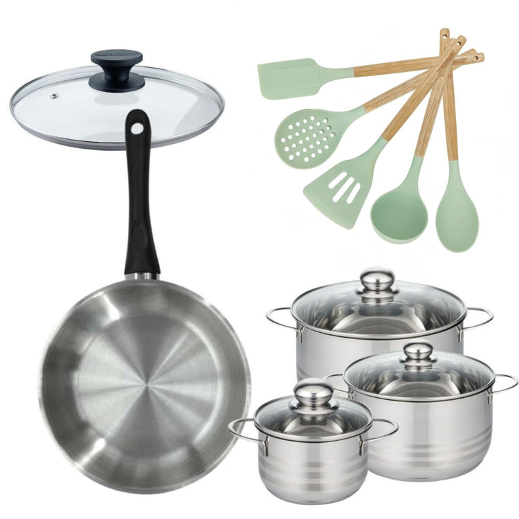 Lot Poêle 28cm Fackelmann Généva et 3 Faitouts 16/20/24cm avec 5 ustensiles