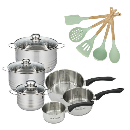 Set de 3 faitouts 16, 20 et 24 cm, 3 casseroles 12 16 20 cm en inox et 5 ustensiles Fackelmann Geneva