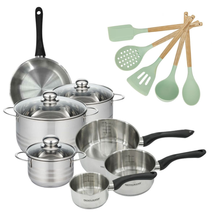 Lot 3 Faitouts 16/20/24 cm et 3 Casseroles 12/16/20 cm Fackelmann Généva avec Poêle 20 cm et 5 ustensiles