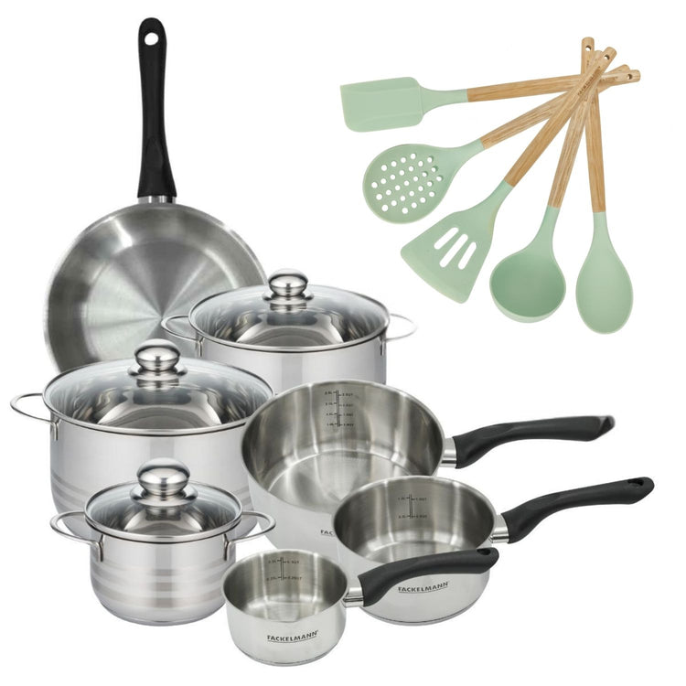 Lot de 3 Faitouts 16/20/24 cm et 3 Casseroles 12/16/20 cm Fackelmann Geneva avec Poêle 24cm et 5 ustensiles de cuisine