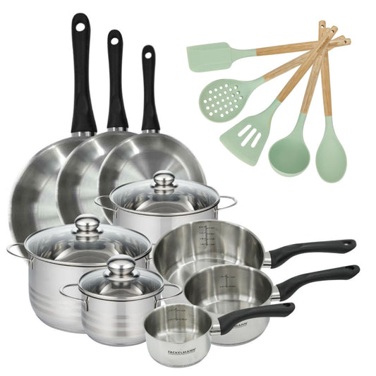 Lot 3 Poêles 20/24/28 cm, 3 Faitouts 16/20/24 cm & 3 Casseroles 12/16/20 cm Fackelmann Geneva et 5 ustensiles