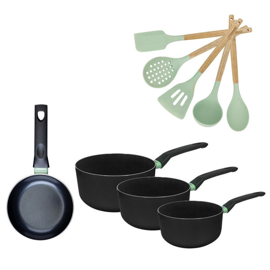 Lot Poêle 16cm et 3 Casseroles 16/18/20cm Fackelmann Brandao avec 5 ustensiles